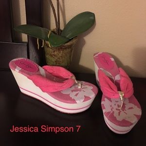 Jessica Simpson pink platform flip flops